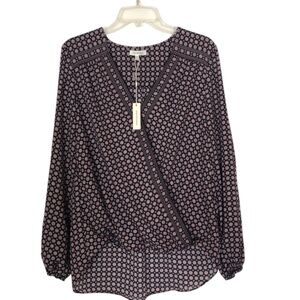 MAX STUDIO Women’s Cross Over Faux Wrap Long Sleeve Black Print Blouse sz Large